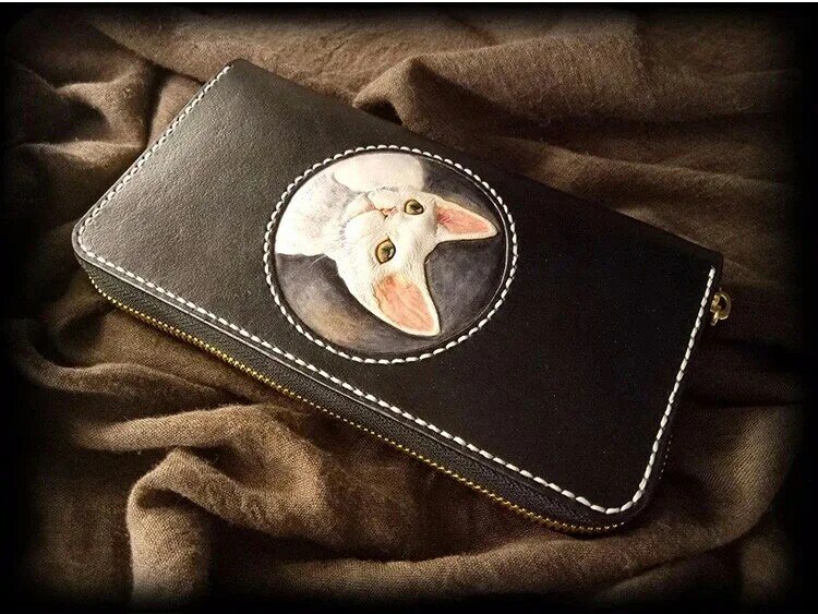 Handmade Ladies Lovely Cat Wallets Purses Women Long Clutch Vegetable Tanned Leather Devon Rex Wallet Card Holder Present