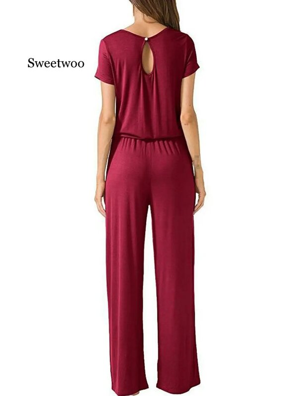 2020 NewWomen's Short Sleeve Loose Wide Legs Casual Jumpsuits with Pockets