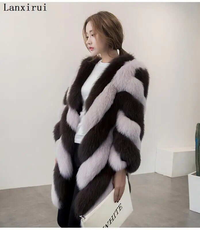 Lanxirui long winter faux fur coat with hood long sleeve zipper black furry fake rabbit fur outwear  shealing jacket