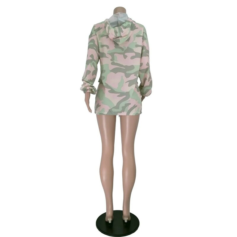 SKMY ใหม่ฤดูใบไม้ร่วงชุดผู้หญิง2021 Camouflage พิมพ์กระเป๋าแขนยาว Hooded Drawstring หลวมมินิชุดปาร์ตี้ Clubwear