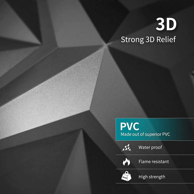50x50cm Plastic 3D Wall Panels Diamond Black for Living Room Bedroom TV Background Ceiling Pack of 12 Tiles