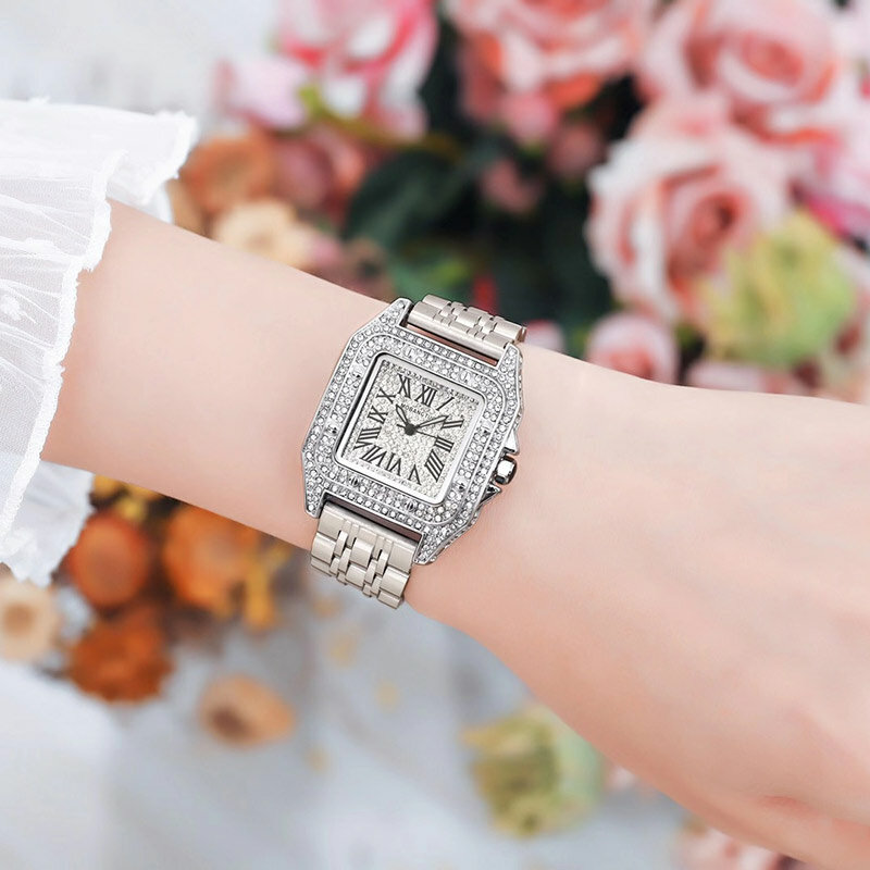 الفضة موضة عالية الجودة ساحة المرأة ساعات كوارتز ساعة السيدات مع حجر الراين العلامة التجارية الفاخرة مصمم ساعة