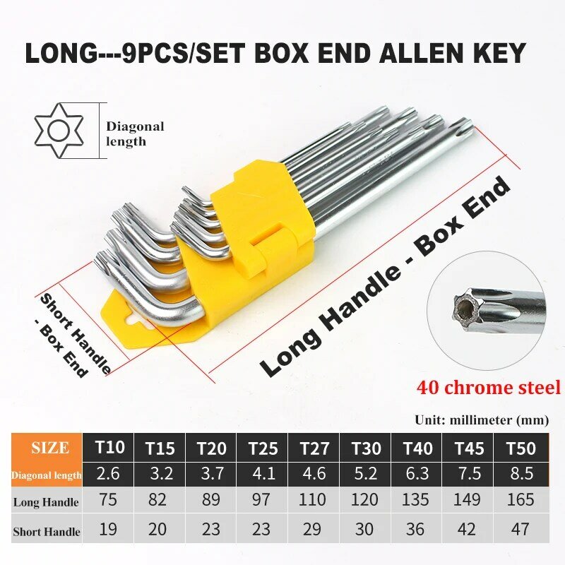 9PCS/SET Allen Key Set Hex Wrench Torx Star Keys Tool L Type Screwdriver Set Hexagon Spanner Universal Ball End Hand Tools Kit