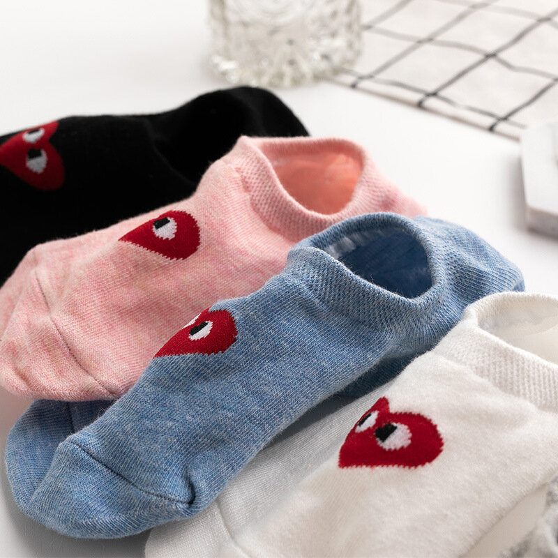 5 pairs Cotton Lovely Red Heart No Show Non-slip Women Boat Socks Girl Cute Soft Stripe Invisible Slippers Sox Spring Summer