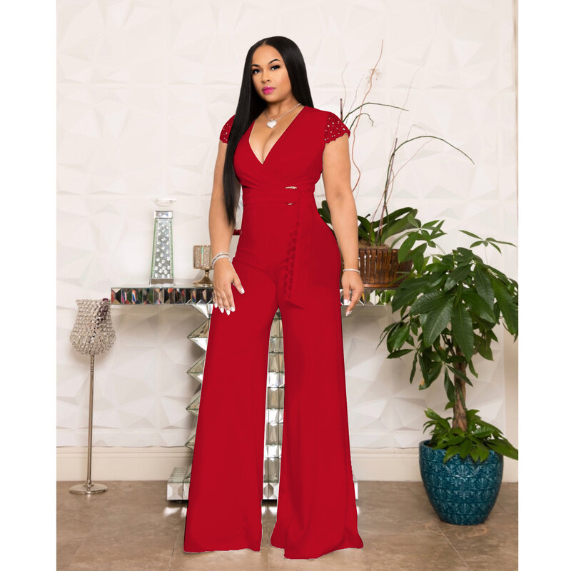 Black Deep V Neck Lace Sleeve Jumpsuit Women 2019 Summer Casual Solid Wide Leg Jumpsuit High Waist Sexy Skinny Bodycon Playsuit