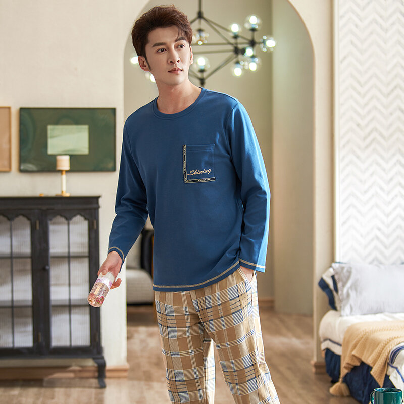 Conjuntos de pijama de algodão puro completo masculino grandes jardas 3xl pijamas roupa de dormir carta impressa tops calças xadrez casual treino