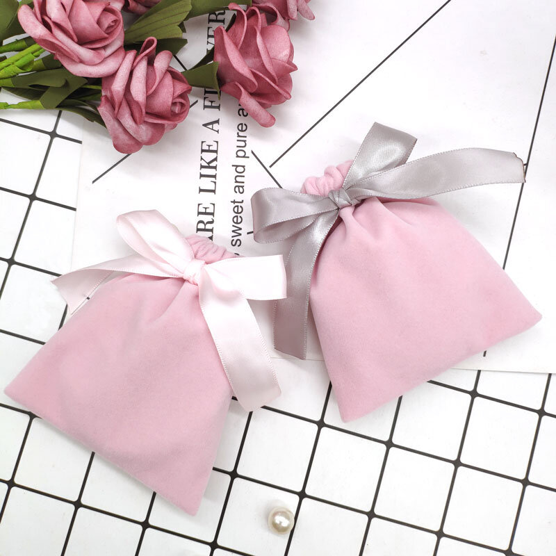 50pcs Jewelry Velvet Bags With Ribbon Flannel Pouches Wedding Candy Gift Packing Christmas Decoration extra fee Custom Logo