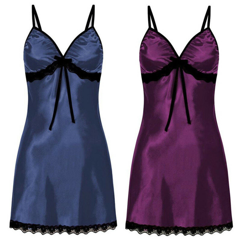 Porno Sexy Sleep Dress Women Lace Silk Satin Nightdress Sleeveless Nighties V-neck Nightgown Plus Size 3XL Sleepwear Nightwear