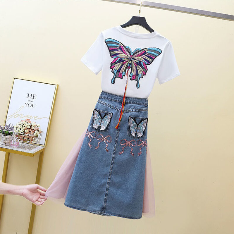 Fashion lady suit Summer clothes 2021summer new embroidery T-Shirt Skirt Suits Chic Temperament Denim Skirt Female Two-Piece Sui