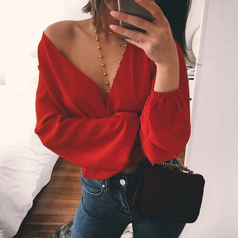 Backless V Neck White Sexy Blouse Women Summer Wrap Shirt Long Sleeve Chiffon Womens Tops And Blouses