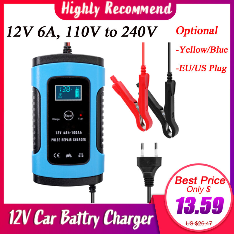 Full Automatic Car Battery Charger 110V 220V 12V 6A Intelligent Fast Power Charging Pulse Wet Dry Lead Acid  Digital LCD Display