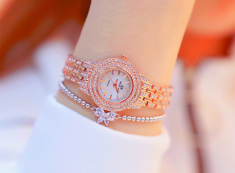 Reloj de cristal de lujo para Mujer, pulsera de acero a la moda, Reloj de vestir con diamantes