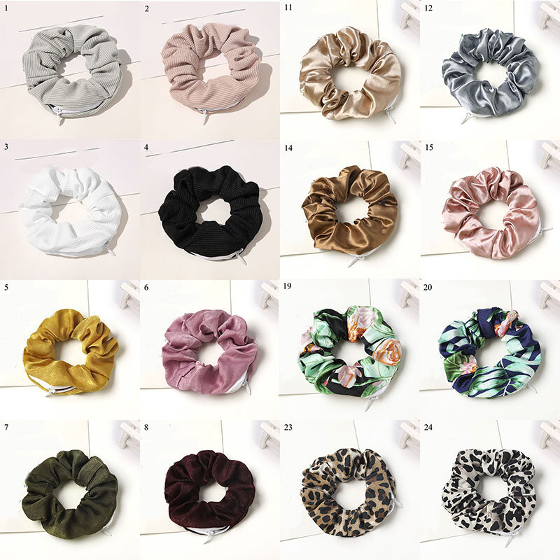 New Solid Color Novelty 2023 Designs Zipper Scrunchies Women Creative Velvet Hairbands Brand Quality Pocket Scrunches With Zip