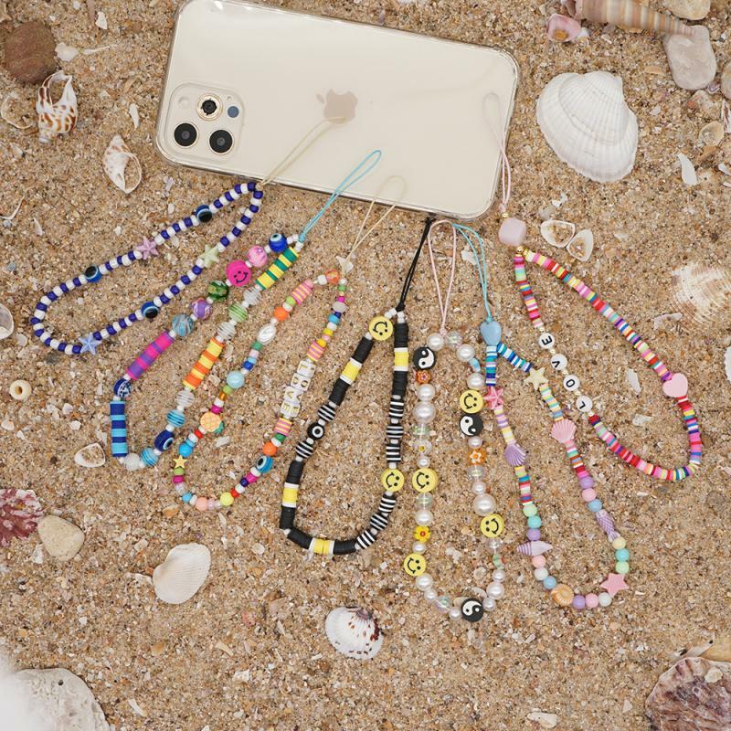 New Boho Charm Round Tai Chi Pattern Polymer Clay Pearl Mobile Phone Chain Lanyard Anti-Lost Acrylic Beads Mobile Phone Chain