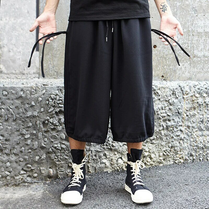 Novo estilo masculino yamamoto clássico escuro lado drawstring design casual e solto de sete pontos calças largas perna
