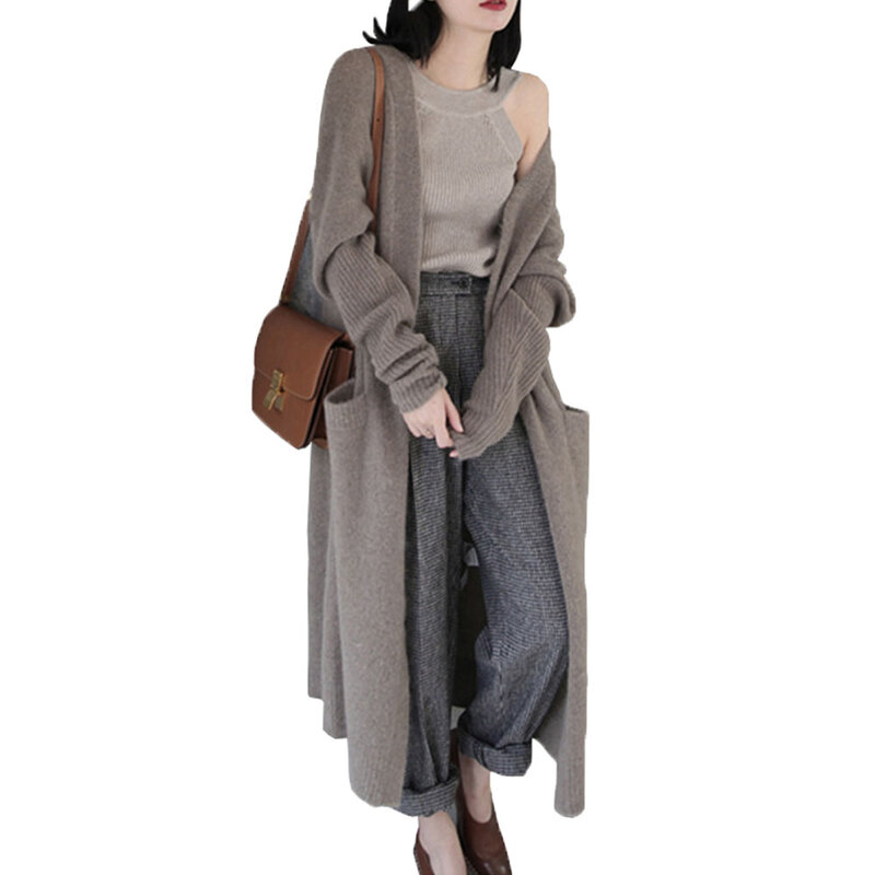 Camisola feminina cardigan outono inverno grosso quente sólido simples malhas solto coreano rua moda preto longo de malha superior 2020