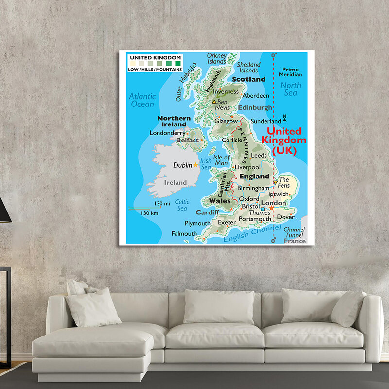 Mapa del terreno del Reino Unido, lienzo de vinilo, pintura de pared grande, póster para aula, decoración del hogar, suministros escolares, 150x150cm