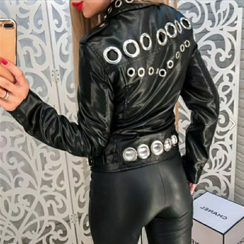 Leather Jacket Women Spring 2023 New Women Clothing All-match Fashion Metal Circle Thinner PU Leather Jacket Women's Short Trend