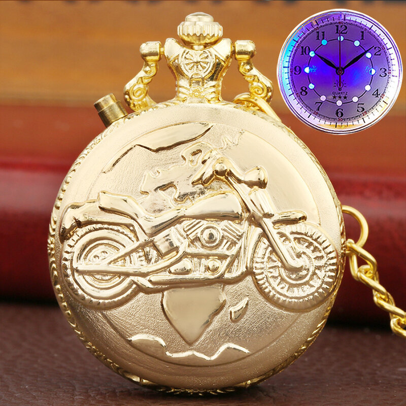Luxo cor de ouro luminoso display led relógio de bolso de quartzo corrente esculpida motocicleta moto fob luz relógio presentes
