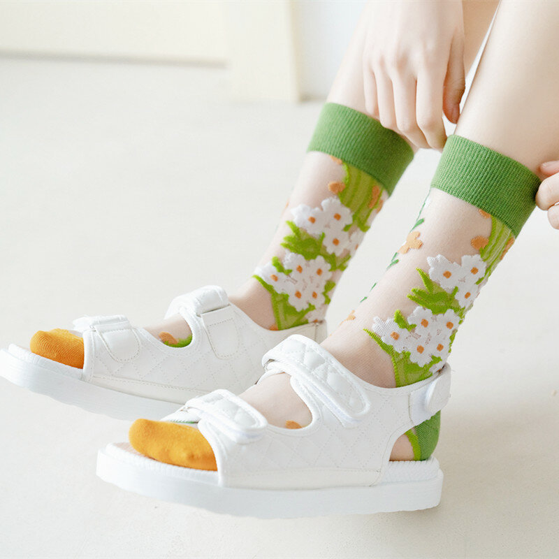 Neue Lustige Harajuku Hohe Qualität Kreative Kristall Seide Flut Socken Sonnenblumen Reben Blumen Cartoon Obst Glas Silk Frauen Socken