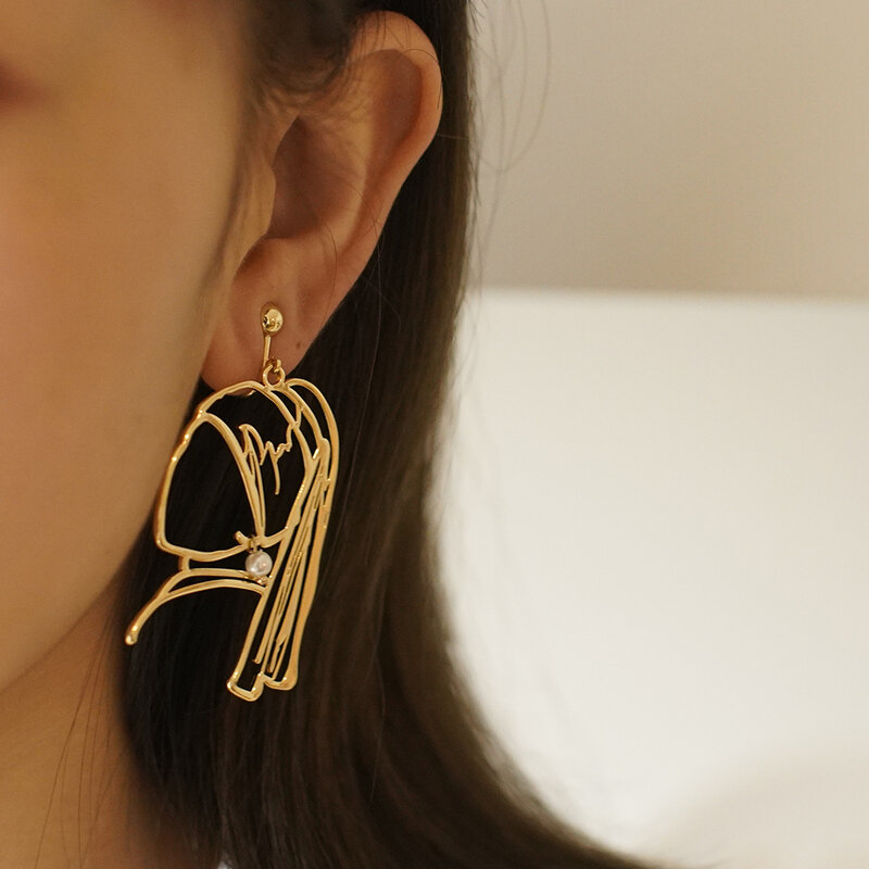 Original Linien Metallic Ohrringe Für Frauen Die Künstler Serie Vermeer Mädchen Mit EINER Perle Ohrring Gold Und Silber Ohrring Für femme