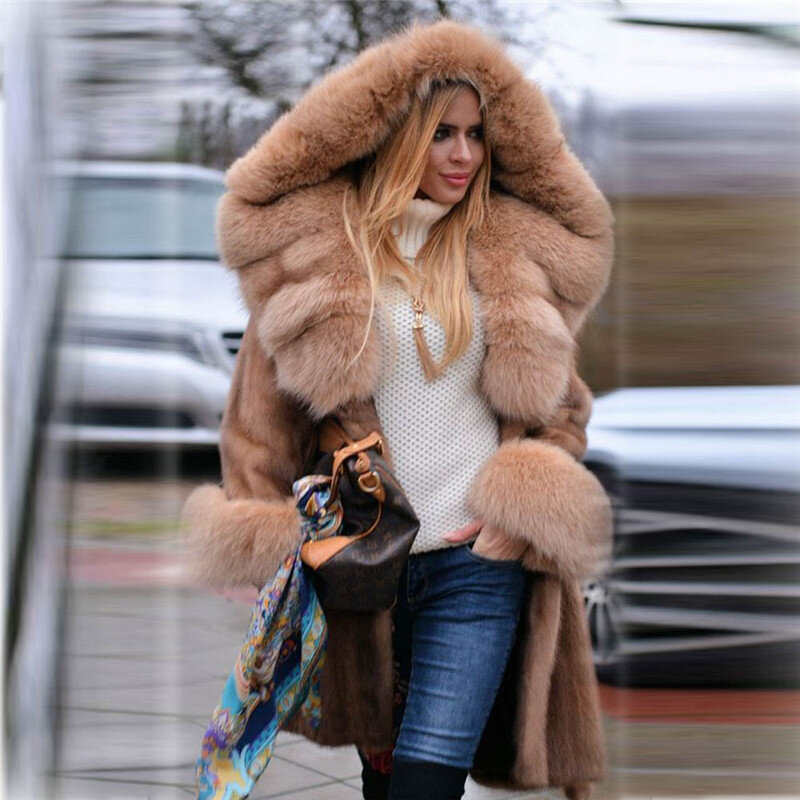 Mulheres de luxo inverno real casaco de pele de vison longo com grande pele de raposa guarnição da capa natural genuíno casaco de pele de vison com cinto de pele