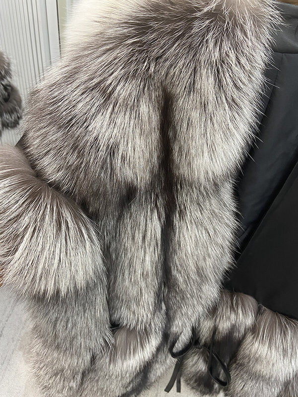 Manteau de loisirs surdimensionné en cuir de peau de mouton véritable pour femme, fourrure de renard argentée pour femme, extérieur, luxe, haute qualité