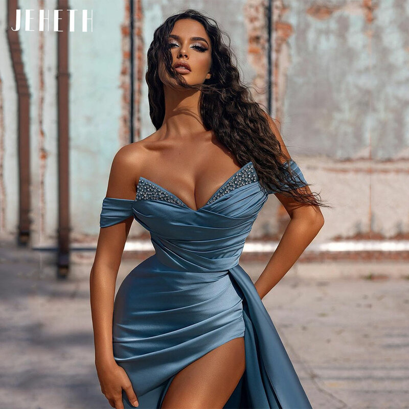 JEHETH Sexy Grey Blue Off Shoulder Beaded Satin Evening Dress Mermaid for Women Slit V-Neck Pleated Backless Prom Party Gown