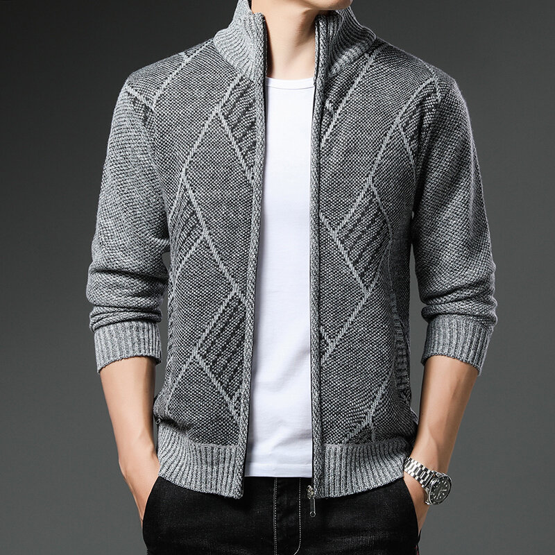Men's Autumn Winter Zipper Cardigan Relaxed Fit Casual Fleece Warm Jacket Comfortable clothes Stripe Sweater Coat