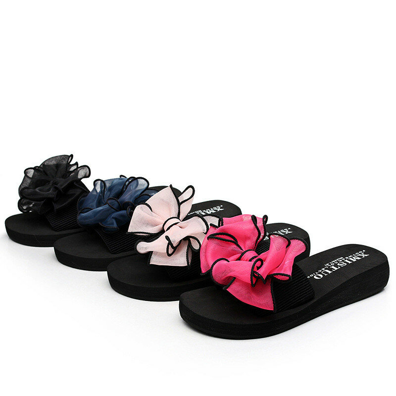 Mulher verão sapatos moda bowtie plataforma chinelos de banho cunha praia flip flops de salto alto chinelos para senhora sapatos conforto