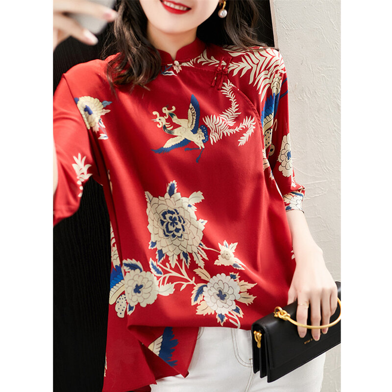 2020 여성 중국어 번체 스타일 셔츠 시폰 블라우스 느슨한 빈티지 Cheongsam 탑스 여성용 Red Crane Floral Shirt