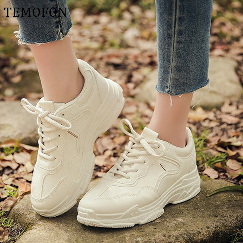 Женские кроссовки на толстой подошве TEMOFON, Белые Повседневные кроссовки на шнуровке, модная обувь на массивной подошве, HVT1193