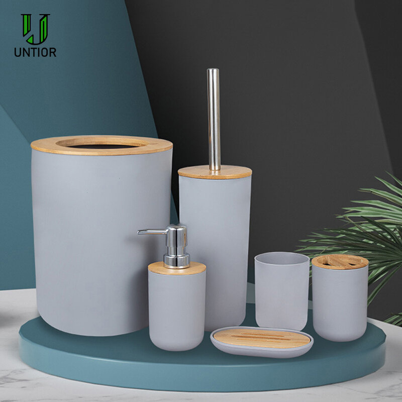 UNTIOR 6Pcs Set di accessori da bagno Kit da bagno in bambù portaspazzolino Dispenser di sapone scopino Set da bagno