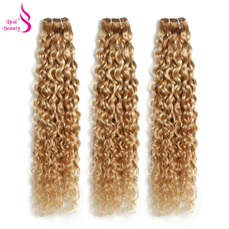 Real Beauty Ombre Peruvian Water Wave P27/613 Two Tone Remy  Human Hair Extensions Weave Bundles Auburn 1/3/4 PC  12"-24"