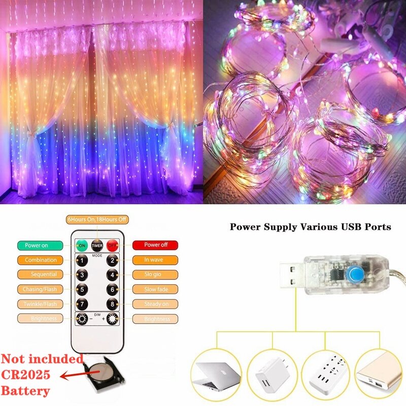 Guirnalda de luces LED para cortina, iluminación navideña, arcoíris, para el hogar, dormitorio, 2023