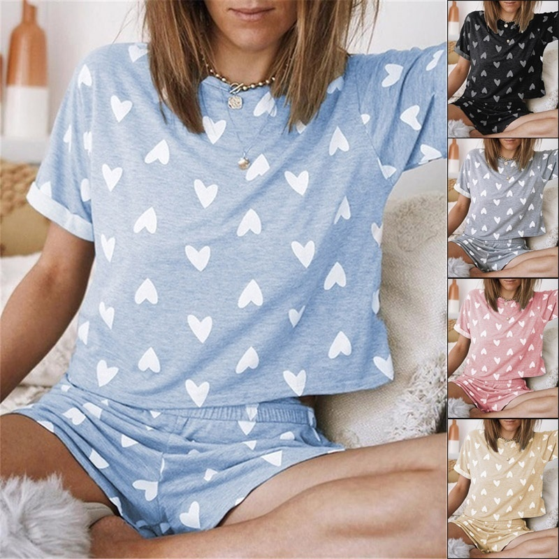 Wanita Piyama Set Cute Mencintai Jantung Dicetak Lengan Pendek T-shirt Atasan Dan Celana Pendek Set Homewear Baju Tidur Pakaian Pakaian Rumah Set
