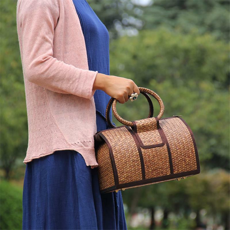 Bolsa feminina original de bambu artesanal, 28x17cm, palha de rattan, bolsa de travesseiro retrô, bolso de mão, a6111