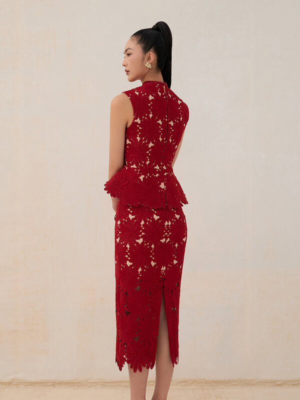 Jupe en dentelle chrysanthème rouge pour tailleur, haut péplum, tenue de princesse semi-formelle, luxe abordable, 600