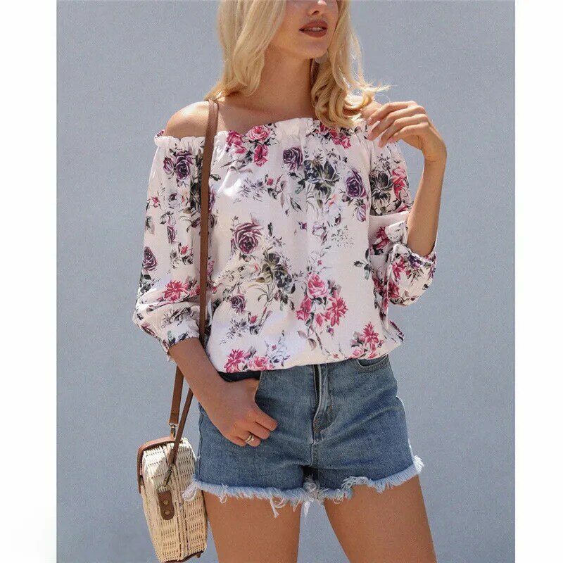 arrival Women Off Shoulder Tops Long Sleeve Floral Print Pullover Casual Blouse Hals Langarm Chiffon Summer Chiffon Blouse Lady