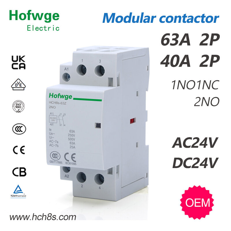 HCH8s-63 DC 접촉기, 자동 가정용 접촉기, 딘 레일 유형, 2P, 40A, 63A, 2NO, 1NO1NC, AC24V, DC24V, 50Hz, 60Hz