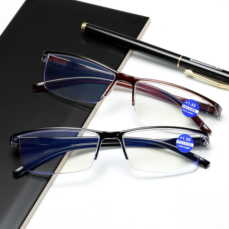Kacamata Baca Anti-blu-ray Kacamata Setengah Rim Ultra Ringan Kacamata Resep Retro Pria dan Wanita + 100 Hingga + 400