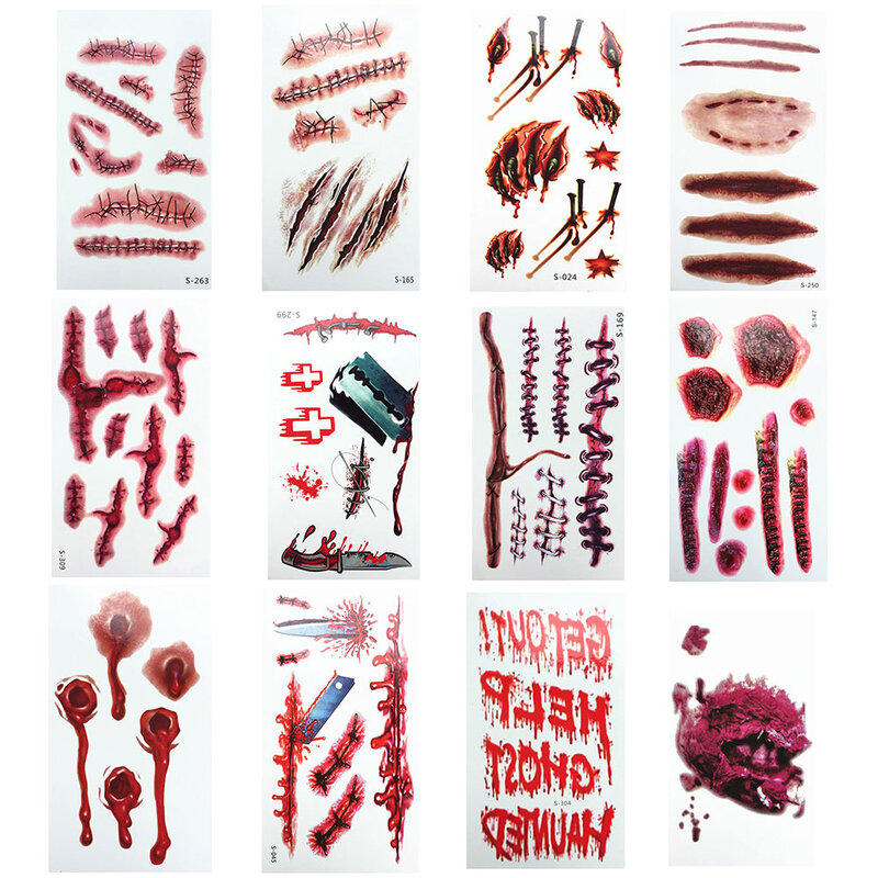 Halloween 3d tatuagem adesivos crianças cicatriz sangrenta tatuagem temporária cosplay arte do corpo decalque da páscoa