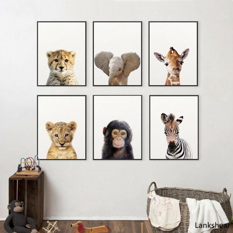 Lion Zebra Elephant Giraffe Baby Animals Art Print Poster Safari Animals Picture Canvas Painting Kids Room Nursery Wall Decor