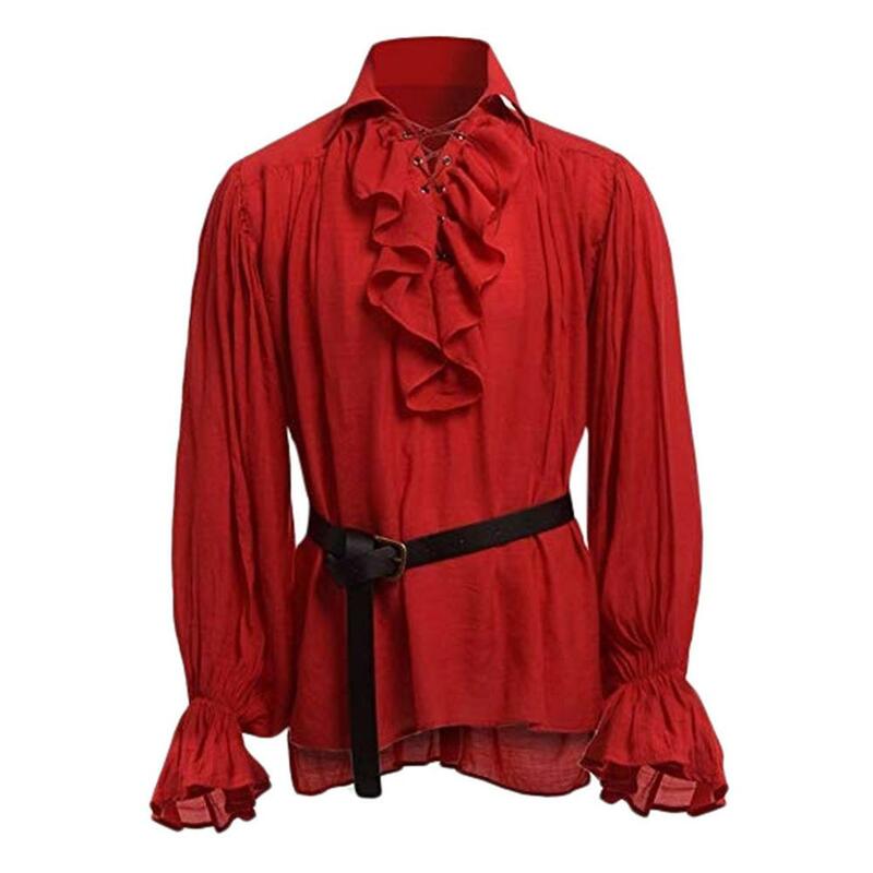 Atasan Balutan Baju Renda Renaisans Abad Pertengahan Baru untuk Pria Kulit Kostum Vintage Lengan Panjang Berbulu untuk Celana Sabuk Pria