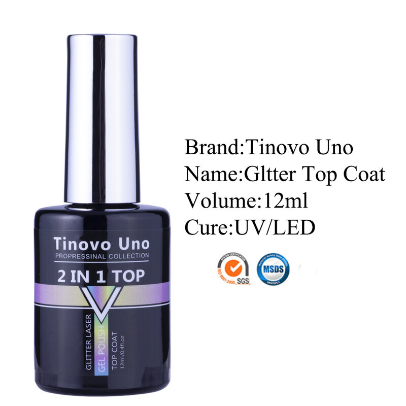 Tinovo Uno-Glitter Top Coat UV Gel Esmalte, Super Brilho, Acabamento a Laser, Manicure, Semi Permanente, Acabamento, 2 em 1, 12ml