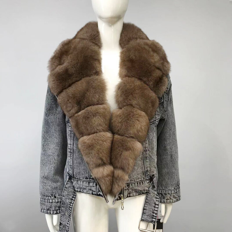 Mantel Bulu Rubah Asli Wanita Mode Musim Dingin Jaket Denim Baru dengan Kerah Bulu Rubah Besar Mantel Bulu Mewah Berkualitas Tinggi Wanita 2022