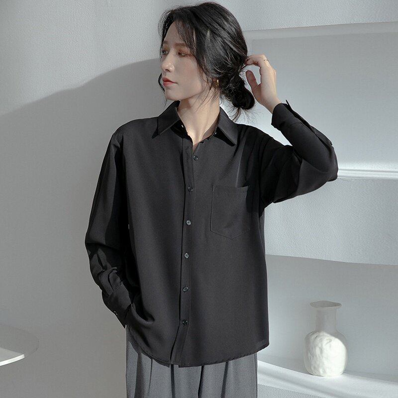 Blusa de manga larga para mujer, camisa con bolsillo, Color sólido, Primavera, 2021