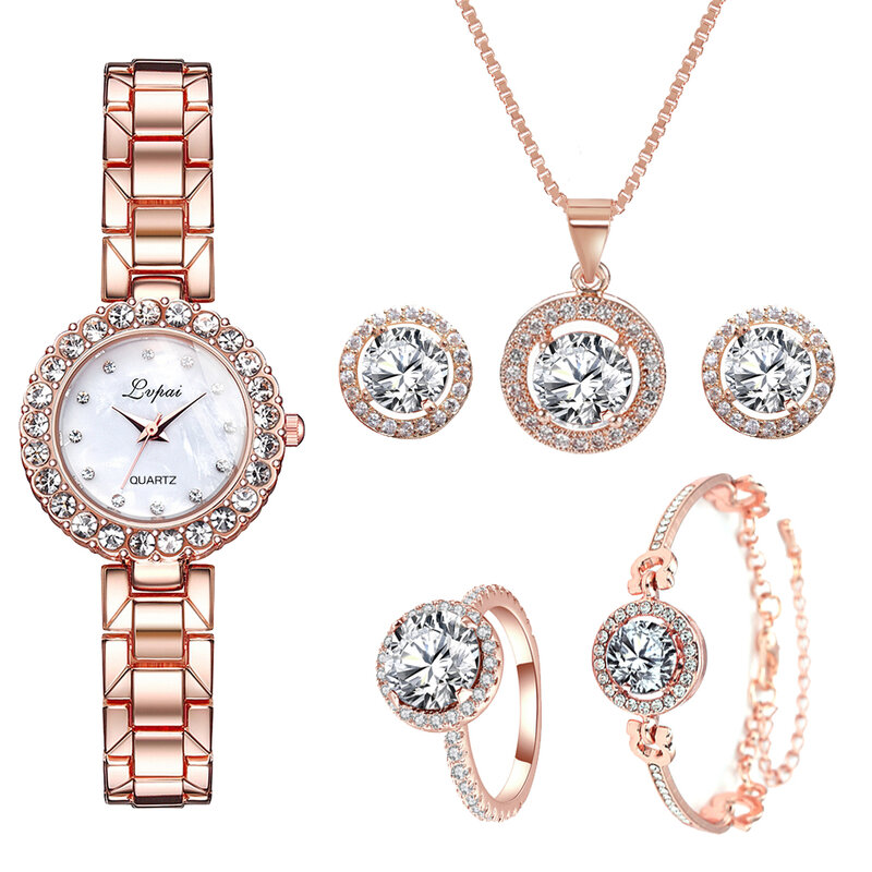 Lvpai-Ensemble de montre de luxe pour femme, montre-bracelet à quartz, or rose, marque célèbre, montres provoqué en cristal, mode pour femme, 6 pièces