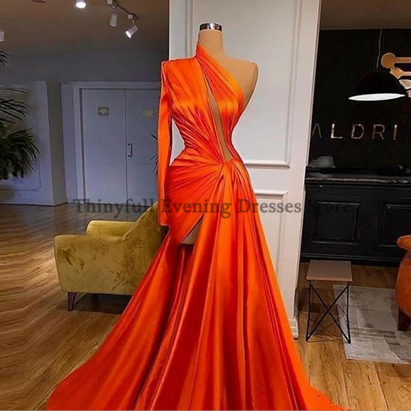 Thinyfull Formal Orange Evening Dresses Sexy One ShoulderSoft Satin High Split Prom Dress Long Backless Party Gowns Plus Size