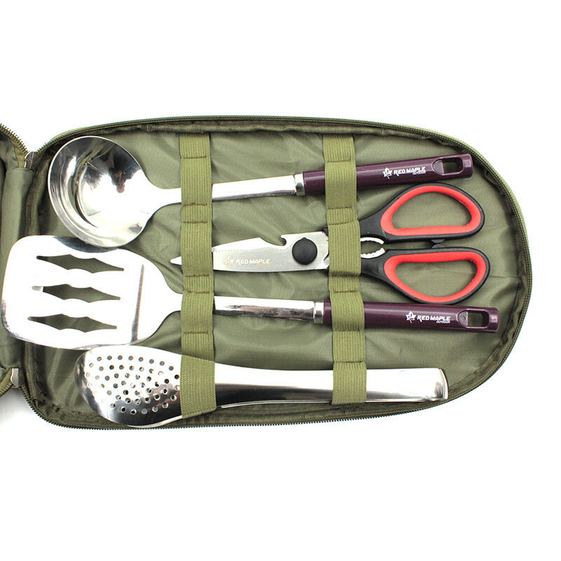 7pcs BBQ Camping Kitchen Utensil Organizer Travel Set Outdoor Travel Kit Cutting Board Rice Paddle Tongs Scissors Knife etc